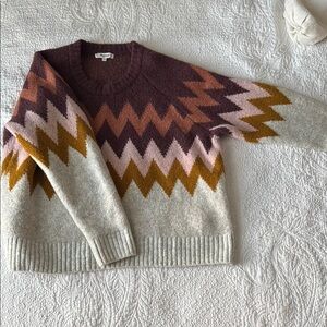 Madewell Cream and Brown Crew Neck Sweater with Geometric Pattern